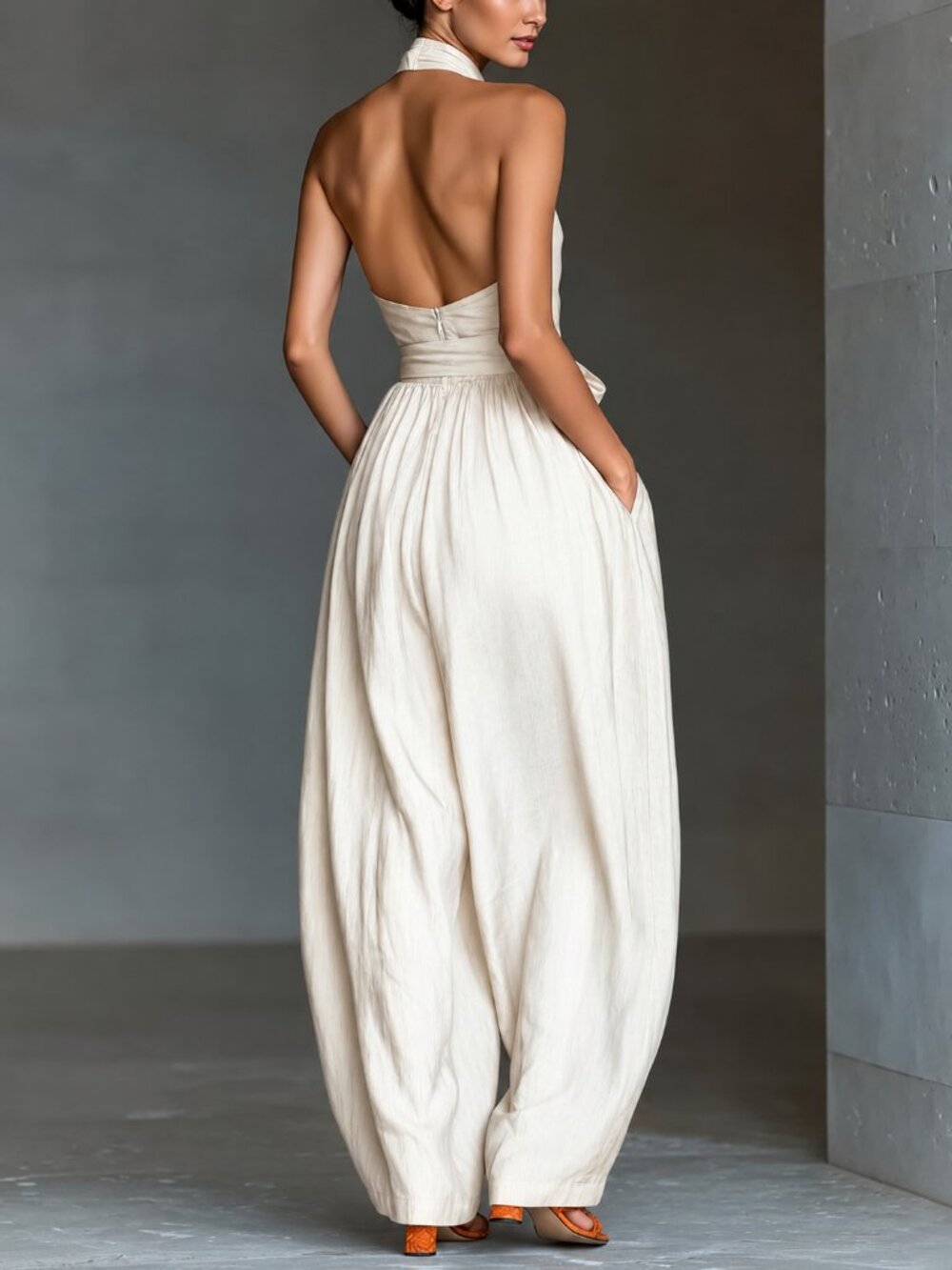 Womens Halter Jumpsuit Backless Wide Leg Pants with Tie Waist White - Picture 2 of 5